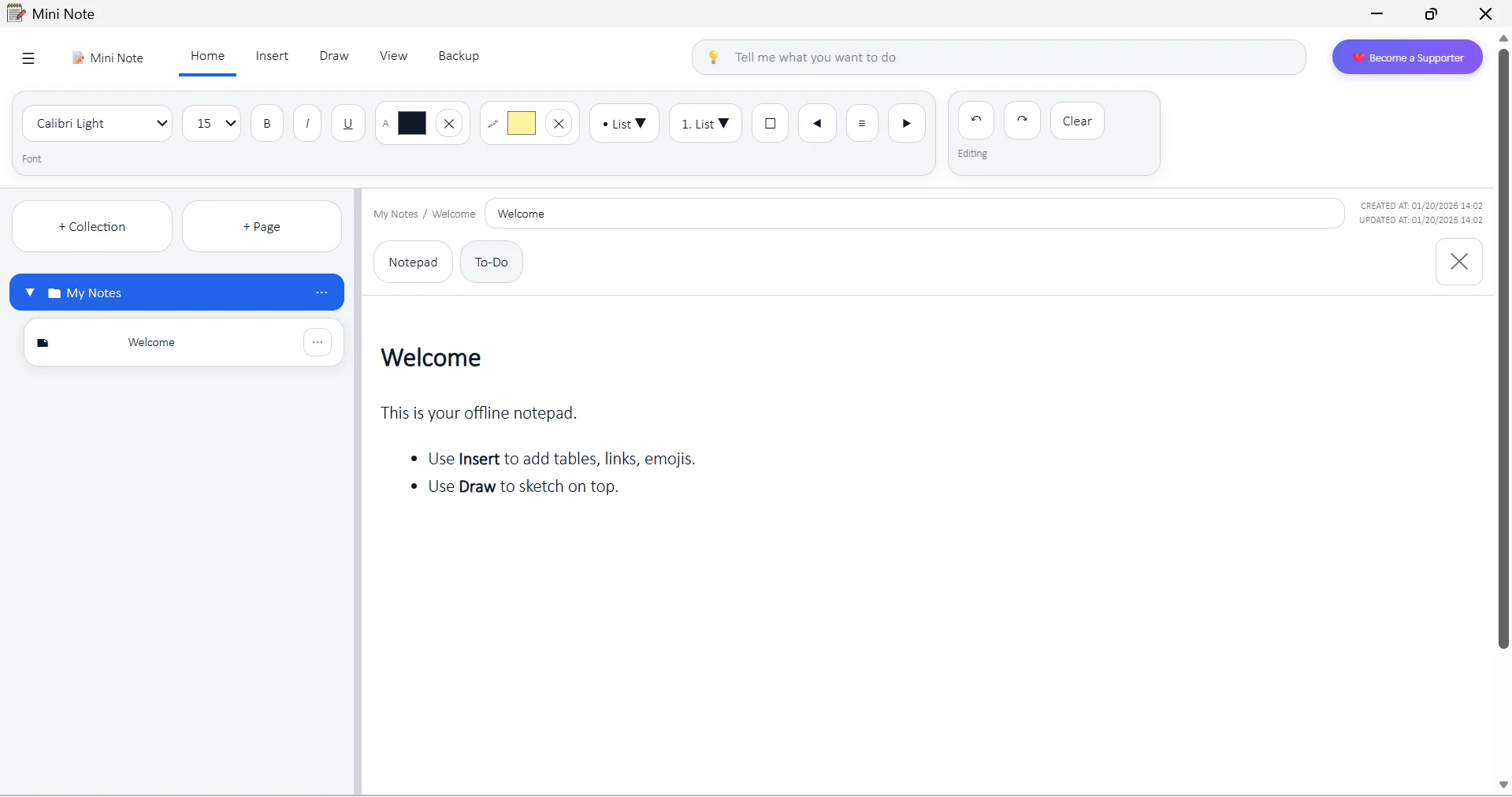 Mini Note Home Tab Interface